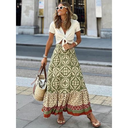 Jastie Boho Retro Blomstertrykk Skjørt Kvinner 2023 Sommer Høy Midje A-linje Plissert Lange Skjørt Casual Ferie Strand Skjørt