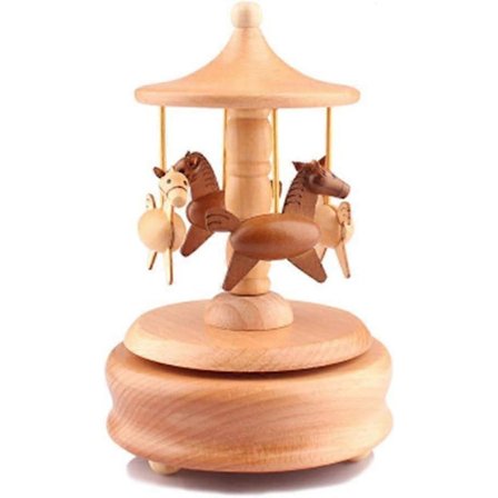 Musikdosa i trä med karusell och färgglada stämgafflar [D]