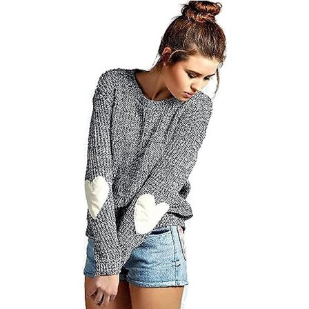 Dames Sød Hjertemønster Albue Patchwork Casual Crewneck Strikket