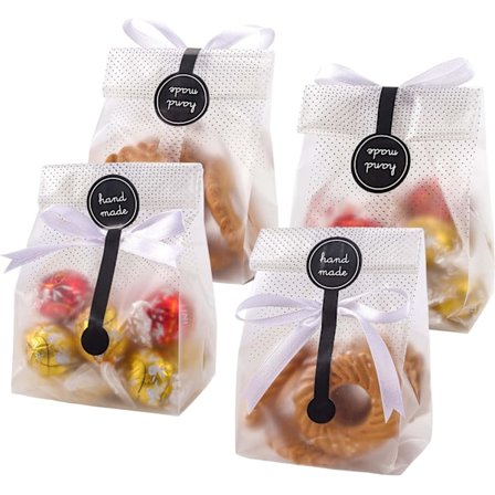 100 st./förpackning Genomskinliga plastpåsar för kakor, tårtor, choklad, godis, snacks, bra för bagerifest med klistermärken