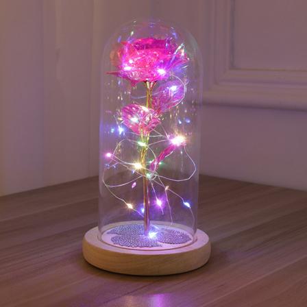 IC Konservoitu lasikupolin ruusu Kultafolioinen vaaleanpunainen ruusu LED-lämpimillä valoilla, ystävänpäivä ja joululahjat (01)