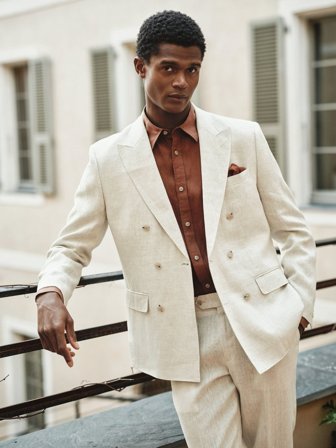 John Henric Men's Sand Double Breasted Linen Suit Size