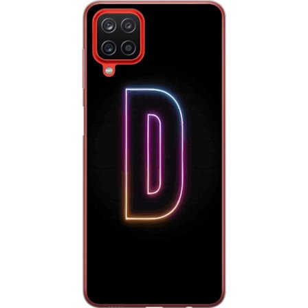 Kompatibel Mobilcover til Samsung Samsung Galaxy A12 Minimalistisk neonbogstav D i farveskiftende lys mod sort baggrund i moderne digital design