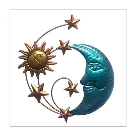 Metal vægskulptur med sol- og månemotiv - vægdekoration til udendørs, stue, soveværelse