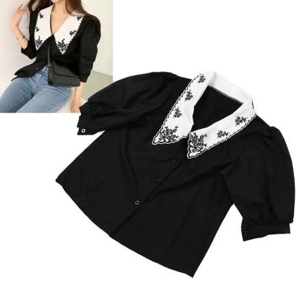 Puff Sleeve Blomsterbrodert Nedbrettkrage Skjorte Kvinner Retro Elegant Fargeblokk Knapp Opp Blusen Topp Svart M