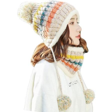 Dame Vinterlue Hette Peruansk Sirkelskjerf Sett Ski Øreklaffer Luer Dual Lagt Fleece Foret Pompoms