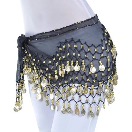 Magdanssjal med Guldmynt - 150 cm - Höftsjal - Svart