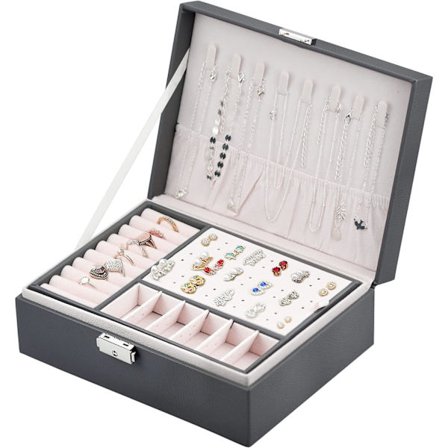 Kvinners smykkeskrin i skinn, originalt rektangulært smykkeskrin i skinn, to etasjer, smykkeskrin for reise med lås for ringer, øredobber, armbånd