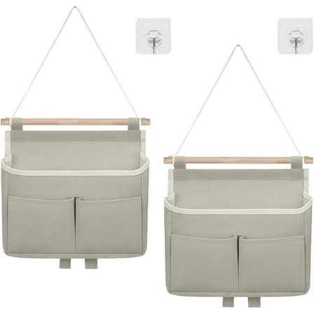 Setissä 2 suurta roikkuvaa seinäorganisoijaa pellavaa – Käytännöllinen oven taakse ripustettava järjestäjä koukuilla – Harmaa puuvillamateriaali