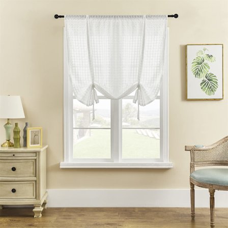 Hvite retro blondevoilegardiner, myke pom pom-gardiner i nett for vinduer, linøye, korte, gjennomsiktige for soverom, stue, terrassedør, 117×160 cm