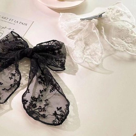 2 stk. blondehårsløjfe-klemmer til kvinder Cottagecore hårtilbehør søde tylsløjfe-hårnåle kvinder båndsløjfer til piger hår brude sort hvid