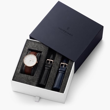 Nordgreen Philosopher Minimalistisches Herrenuhren Set - Schwarzes Ziffernblatt - Roségold | 40mm Armbänder Leder Braun / Schwarz / Navy Blau