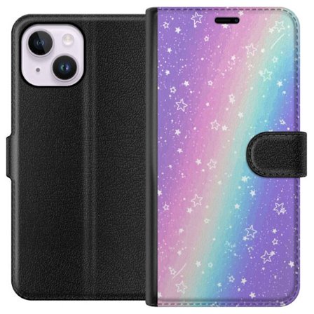 Kompatibelt Lommeboketui til Apple iPhone 14 Plus Rainbow-farget pastellbakgrunn med hvite stjerner og gnistrende prikker i myk overgang
