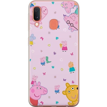 Kompatibelt Mobildeksel til Samsung Galaxy A20e Peppa Gris med en baby i armene, mamma gris motiv i fargerik og myk barneillustrasjon med hjerter