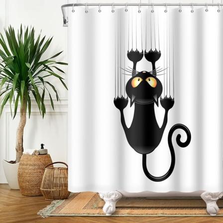 Dusjforheng 152x183cm Svart katt med skarpe poter Søt morsom katt Kitty Badekarforheng Hvit bakgrunn Badekarforheng Polyester for baderom med kroker