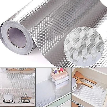 Keittiön rasvanpitävä tarrafolio tinafolio korkea lämpötila vedenpitävä kosteudenpitävä itseliimautuva seinätarra kaappitarra (hopea) (3 kpl)