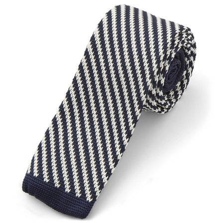 White & Blue Stripe Knitted Tie for Men - Skinny ties