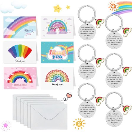 6 pakker Regnbuekort med konvolutter Rustfritt inspirerende nøkkelring Takk Lærergaver til te