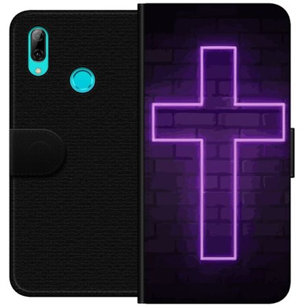 Yhteensopiva Lompakkokotelo Huawei Huawei P smart 2019 Neonristi purppuranvalossa tummaa tiiliseinää vasten, symbolinen motiivi vahvalla hohto moder