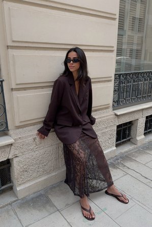 NA-KD - Lace Maxi Skirt - A-line Skjørt - Brun - XL (EU 46)