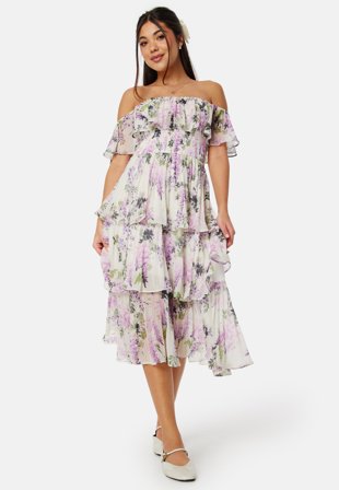 Goddiva-Floral Bardot Pleated Midi Dress-L (UK14)
