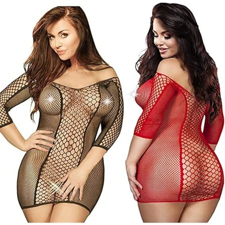 2 stk. Plus Size Dame Sømløs Net Chemise Sexet Lingeri Mesh Hul Langærmet Babydoll