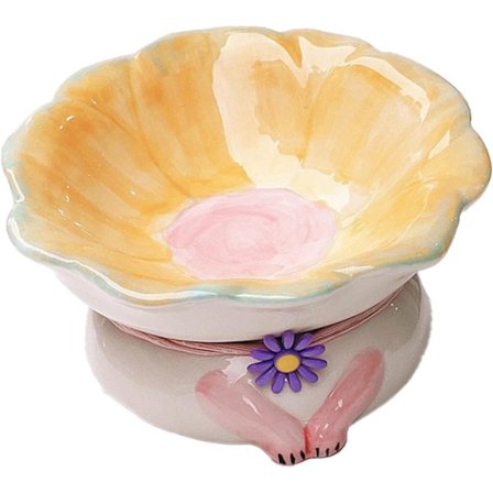 Søde kattefoderskåle med blomsterform - Hævet design til indendørs katte, keramik, egnet til katte, hunde og kæledyr (gul)