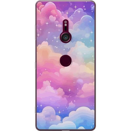 Kompatibelt Mobildeksel til Sony Xperia XZ3 Søt enhjørning med regnbuefarget hår mot en stjernebelagt pastellbakgrunn i kawaii-stil