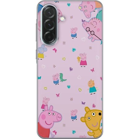 Kompatibelt Mobildeksel til Samsung Galaxy A36 Peppa Gris med en baby i armene, mamma gris motiv i fargerik og myk barneillustrasjon med hjerter