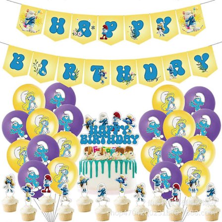 Smølf Fødselsdagsfest Dekorationer til Børn - Smølferne Kagepynt, Flag og Balloner Combo{F2]