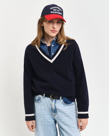 GANT Damen Superfine Lambswool V-Neck Pullover mit Kontrast (XXS) Marineblau