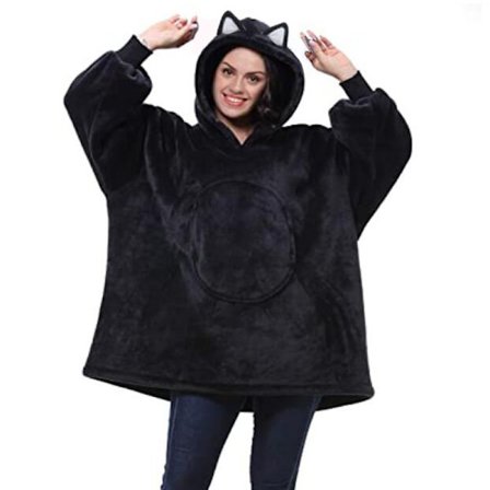 Talven naisten pyjama, erittäin suuri perhepyjama, yöpaita puuvilla söpöt terävät korvat - musta,2153 JAZY