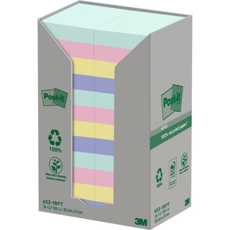 POST-IT Notes 100% recycled 38x51mm sorterade färger 24/fp - Lyreco - Kontorsmaterial - Notes och Post-It - Notes - Färgade