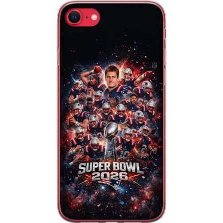 Yhteensopiva Puhelinkuori Apple iPhone SE (2020) Super Bowl 2026 juliste, jossa New England Patriots ja NFL-mestaruuspalkinto räjähtävän urheilull