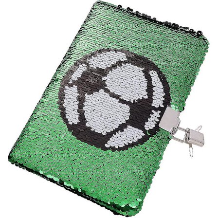 Drengefodbolddagbog med lås og nøgle, Sequin dagbog notesbog Børnedagbog Skolerejse notesbog Gave (grøn) (1stk)