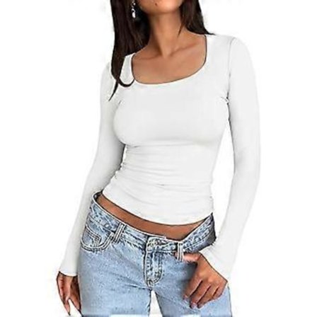 Dame Underdeler Topper Scoop Neck Langermet Slim Fit Pullover Topper Ensfarget Høy(M hvit)