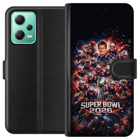 Yhteensopiva Lompakkokotelo Xiaomi Redmi Note 12 Super Bowl 2026 juliste, jossa New England Patriots ja NFL-mestaruuspalkinto räjähtävän urheilullises