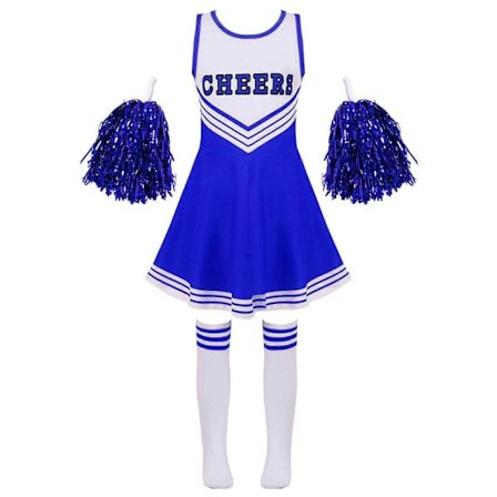 Flickor Cheerleading Uniform Dansdräkt Barn Cheerleader Outfit Rund Hals Patchwork Stil Dansklänning Blomma och Strumpor blå 10-12 År