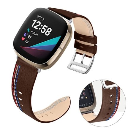 Fitbit Sense / Versa 3 three sewn line genuine leather watch strap - Coffee