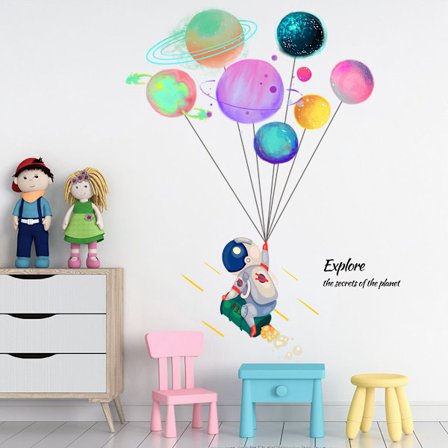 Astronaut väggdekaler, tecknad rymdman yttre planet kreativ DIY konst vinyl avtagbar väggdekal, dekor för barnrum plantskola