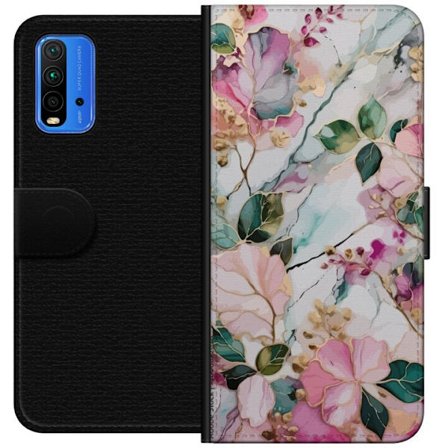 Yhteensopiva Lompakkokotelo Xiaomi Redmi Note 9 4G Abstrakti marmorikuvio kukilla, lehdillä ja kultaisilla yksityiskohdilla pehmeissä pastellisävyi