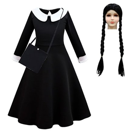 Onsdag Addams Cosplay Kostym Set Girls Black Dress Halloween Carnival Party Finklänning W