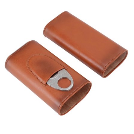 3-fingers sigar etui jern deksel bærbar myk blank lærcigarholder etui med kutter for reise brun
