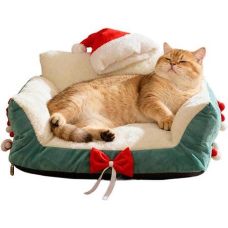 Kattbädd med julmotiv – Mysig fåtölj med tomteluva, vila för husdjur, juldekorativ möbel för hem & balkong_TF_TF