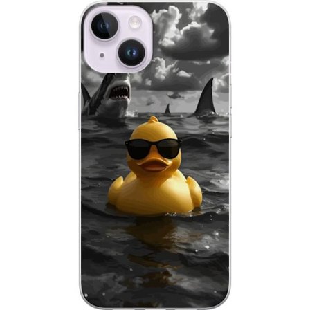 Kompatibelt Mobildeksel til Apple Apple iPhone 15 En kul gul badeand med solbriller flyter rolig i havet mens haier sirkler i dramatiskt vann og mørk