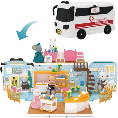 Dukkehus lekesett for jenter - Barn later som leker dukkehus leketøy lege sett sykehus tilbehør, bærbar Critter dukke ambulanse buss leker