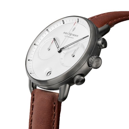 Nordgreen Pioneer Minimalistische Herrenuhr - Weißes Ziffernblatt - Anthrazit | 42mm Armband Leder Braun