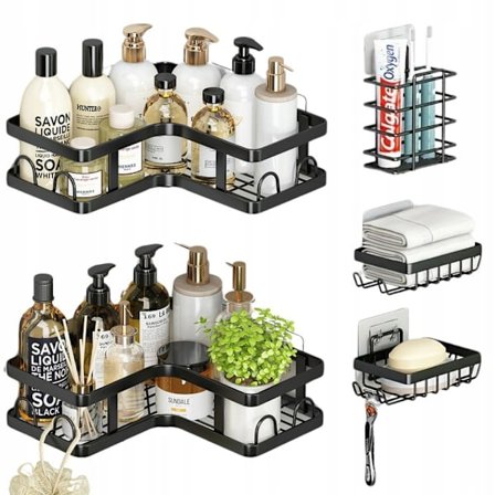 Itsekiinnittyvät kylpyhuonehyllyt | 2 kulmahyllyn ja 3 korin setti musta