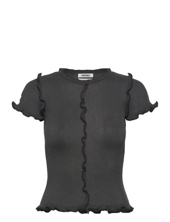 Frill-Edge Ribbed Knitted Top Grey Monki