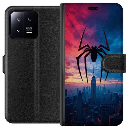 Kompatibelt Lommeboketui til Xiaomi Xiaomi 13 Stilisert edderkopp over bysilhuett i dramatisk solnedgang, grafisk fantasyillustrasjon med sterke farge